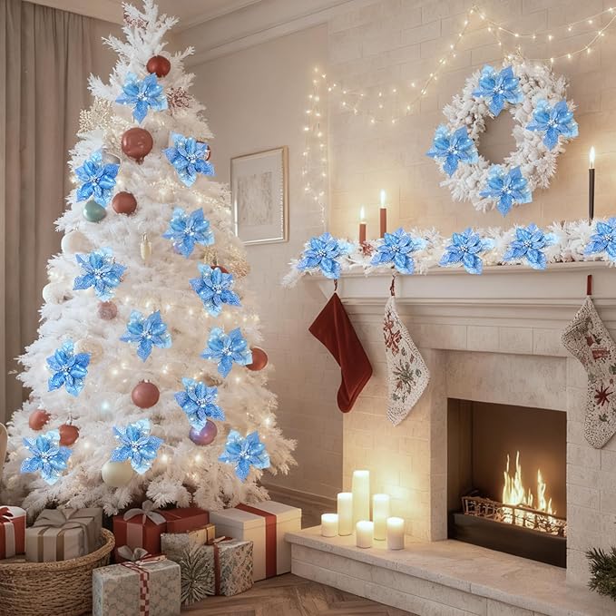 24 Pcs Christmas Poinsettia Flowers Artificial with Clips, 5.9" Christmas Decor Glitter Poinsettia Flowers for Christmas Tree New Year Wedding Party Wreath DIY Garland Decor (Blue)