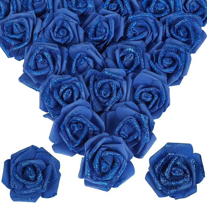 100pcs Royal Blue Glitter Roses 2.56" Foam Roses Glitter Flowers Blue Fake Roses Royal Blue Roses Artificial Flowers for Bridal Shower Centerpieces DIY Wedding Flower Arrangements (Royal Blue)