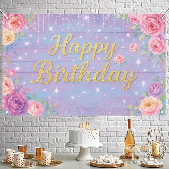 71 x 43 Inch Happy Birthday Backdrop Purple Pink Floral Glitter Rose Birthday Party Decorations Banner for Girls Women Kids Birthday Supplies Photo Booth Wall Backdrop Photography Props