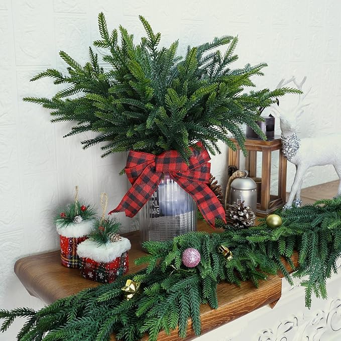 12 Pcs Pine Branches - Real Touch Artificial Pine Stems - Christmas Greenery Picks for DIY Wreaths Garlands Vase Arrangements, Indoor Outdoor Christmas Decor