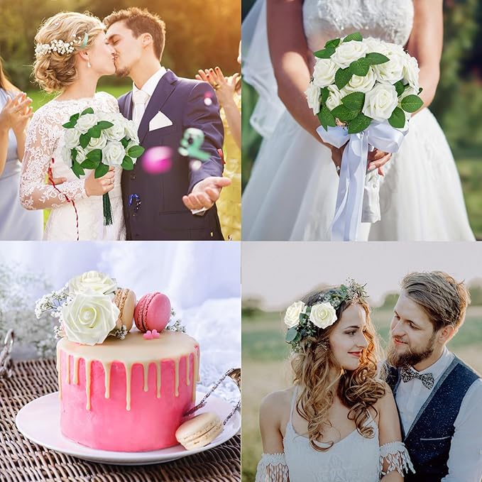 Cliselda 100Pcs Artificial Flowers Ivory White Fake Roses with Stems, Valentine's Day Gifts, Real Touch Foam Rose Bulk Faux Flowers for Decoration Centerpieces Flower Arrangements