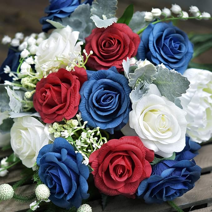 FiveSeasonStuff Silk Roses Artificial Flowers for Decoration, Home Decor Centerpiece for Tables, Wedding Bridal Bouquet of Flowers Real Touch Roses 12 Stems (Royal Blue)