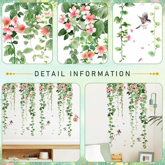 4 Sheets Green Plants Flower Wall Decals Hanging Vine Green Leaves Wall Stickers Watercolor Pink Flowers Wall Art Nature Removable Peel and Stick Wallpaper for Kids Bedroom Nursery Home Decoration 21