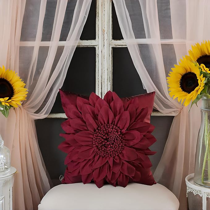 Bella's Giftshop 3D Sunflower Decorative Throw Pillow Covers for Bed Sofa Couch Car, Accent Floral Taffeta Cushion Cover, Handmade Pillow Cases Living Room Decor, 17x17 Inch-Burgundy