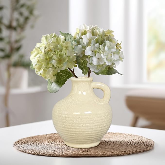 Sunddo White Ceramic Vase 6 Inch - Small Modern Flower Vase for Home Decor, Decorative Vases with Handle, Boho & Minimalist, Living Room Cabinet Table Centerpieces Wedding Beige