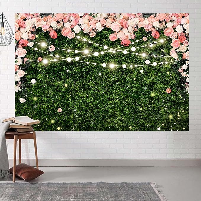 10x6.5ft Flower Wall Backdrop Pink Rose Floral Blossom Green Leaves Photography Background Women Girls Birthday Party Wedding Banner Decorations Portraits Supplies Photo Booth Props