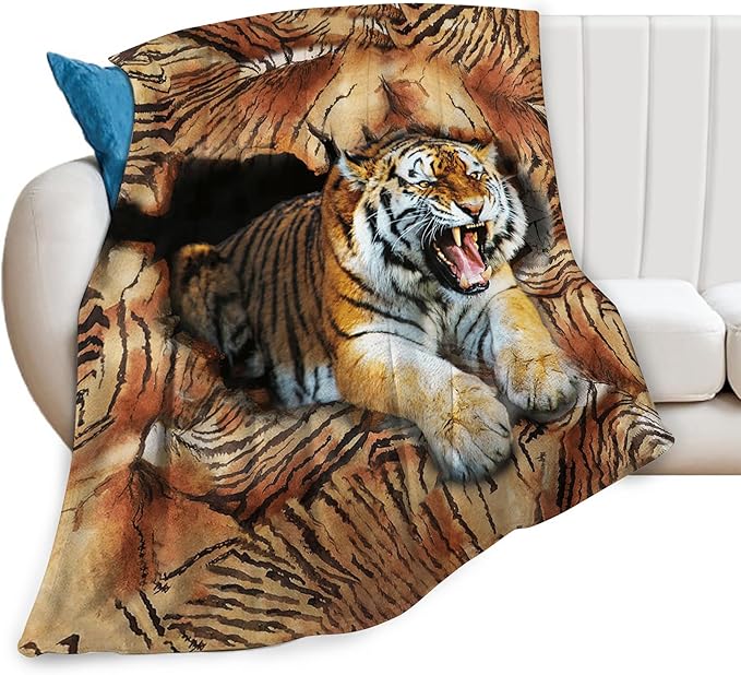 Tiger Throw Blanket, 80"x60", Microfiber Flannel Blend, Animal Print, Multicolor, Unisex, Adults & Kids, All Seasons
