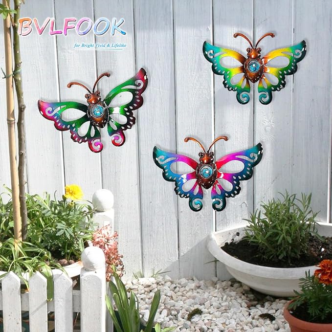 Garden Decor Clearance Metal Butterfly Wall decor 3D Wall Art Hanging Christmas for Patio Fence, Set of 3, 9 inch, Indoor Outdoor Christmas Gift for Family