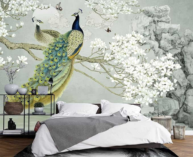 Magnolia Flower Peacock Chinoiserie Wallpaper for Bedroom 178" x 117"