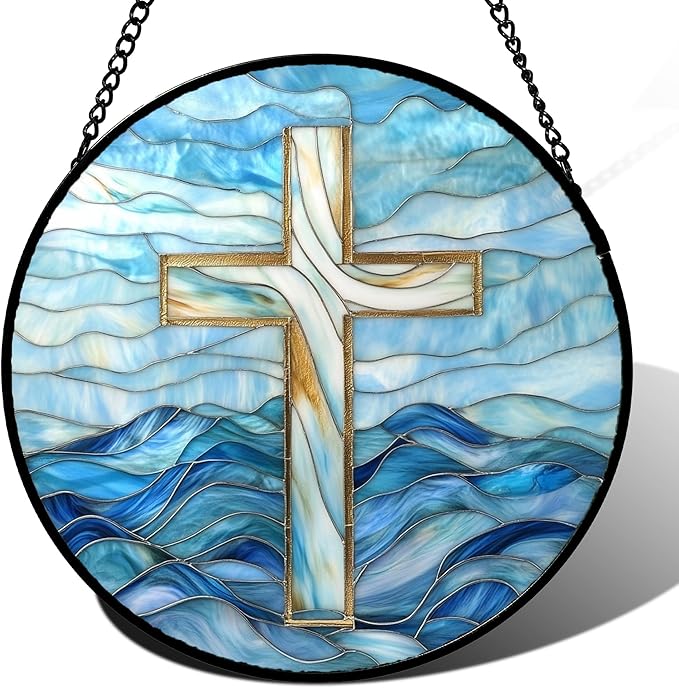 Christian Gifts for Women - Blue Cross Stained Glass Window Hanging Jesus Easter Ocean Waves Sun Catcher Garden Religion Decor Mother's Day Catholic Gift for Men Grandma Mom Her Nana 15"