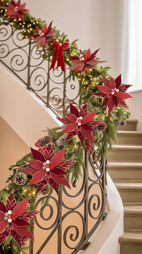 DILATATA 3 Pcs Artificial Christmas Flowers 13 Inch Glitter Poinsettia Picks Christmas Tree Ornaments Topper Decorations Red Poinsettias Flowers for Xmas New Year Wreath Garland Wedding Home Decor