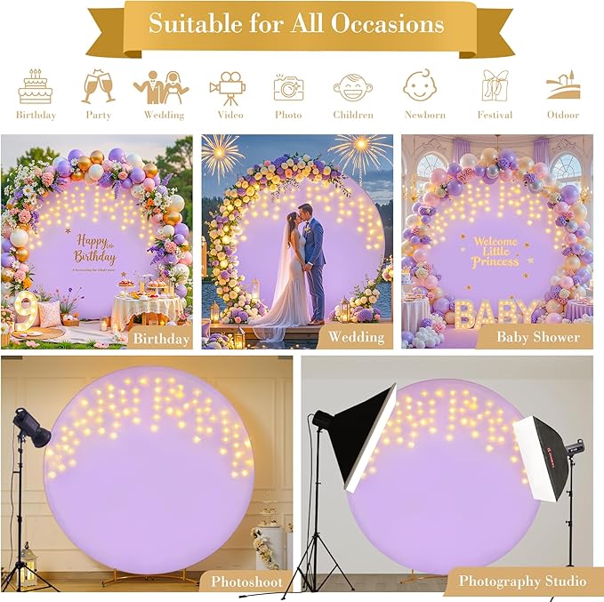 6.6 FT Purple Round Backdrop Cover with Lights String for Circle Arch Stand Circle Backdrop Covers with LED Fairy Lights for Wedding Arch Baby Shower Birthday Party Photo Photography Background