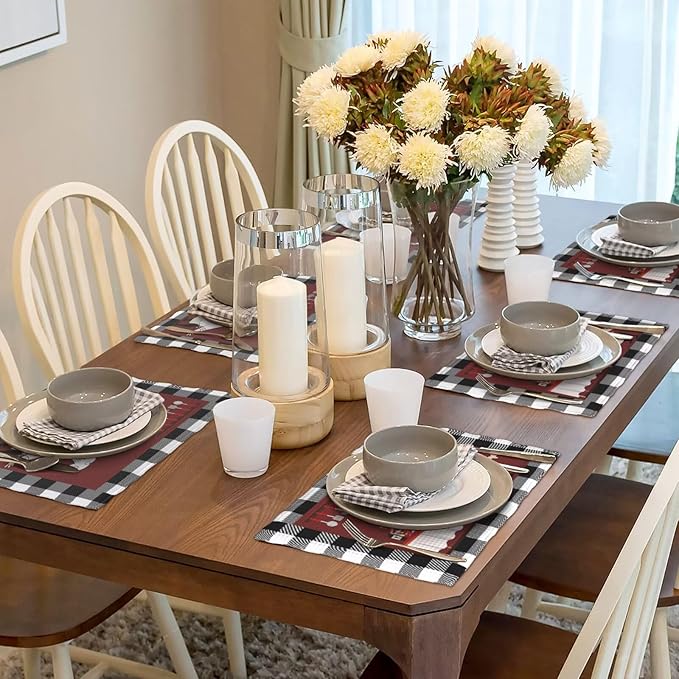 Chef Kitchen Linen Placemats Set of 6 Black White Buffalo Plaid Cooking Theme Placemats for Indoor Outdoor Party Home Desktop Dining Room Decor 12x18 Inch
