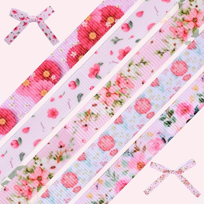 Floral Grosgrain Ribbon, 5 Rolls Flower Pattern Ribbon Spring Summer Fabric Decorative Craft Ribbon Roll for Gift Wrapping Decor Hair Bow Sewing Wreath Crafts (Pink Floral, 3/8 inch X 20Yards)