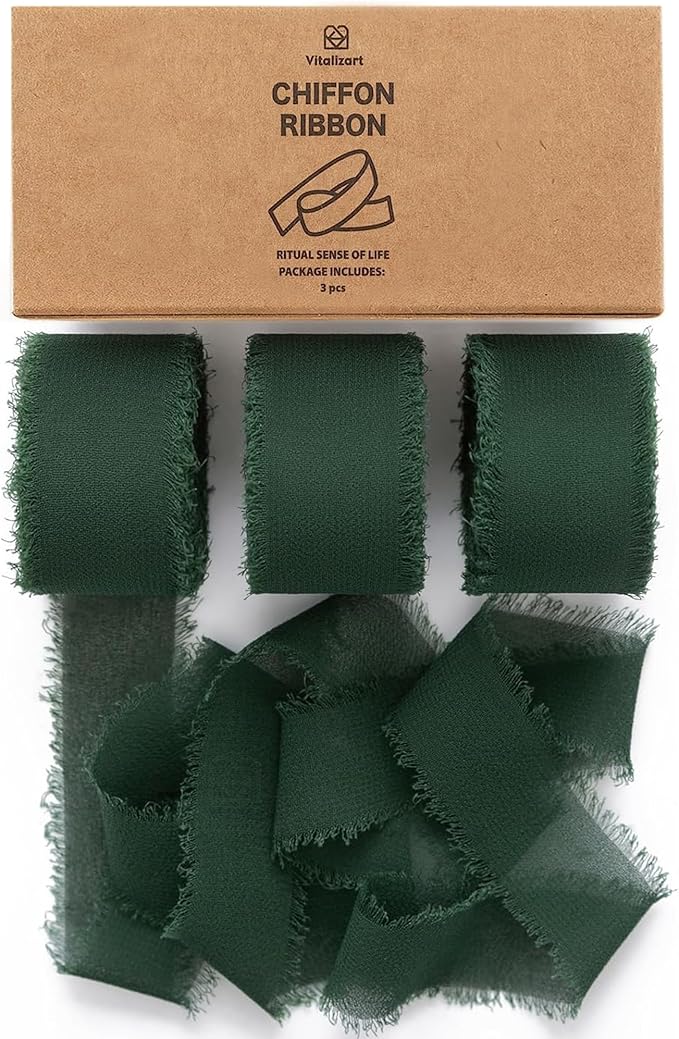 Vitalizart Dark Green Chiffon Silk Ribbon 1" x 21 Yd Fringe Fabric Package (3 Rolls * 7 Yd) for Wedding Invitations Bridal Bouquets Decorations Gifts Wrapping & Bow Making