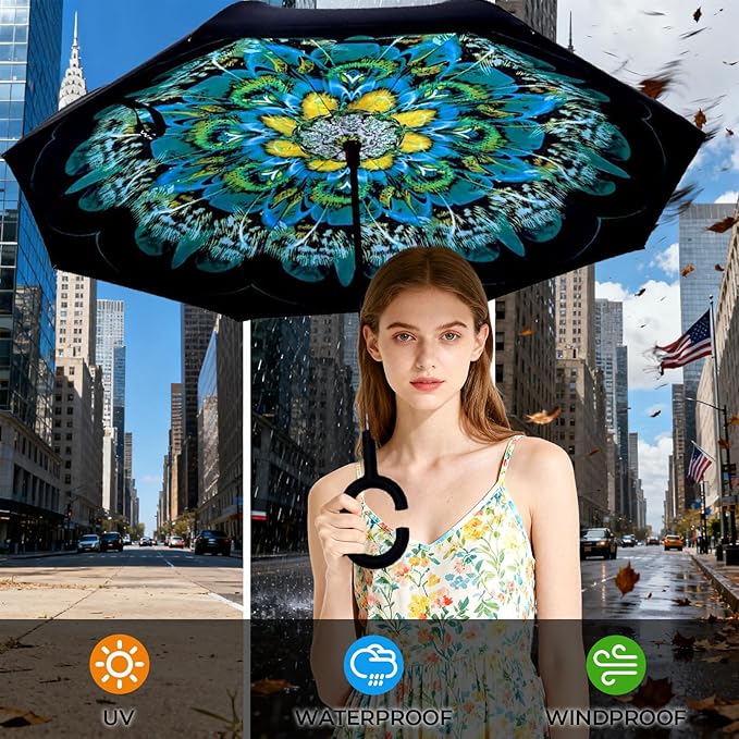 Inverted Umbrella, 49 Inch Double-Layer Vented Reverse Umbrella, Windproof Waterproof UV Protection, Lightweight C-Handle, Fiberglass Ribs, Steel Shaft, Travel/Commute/Car Use, With Sleeve