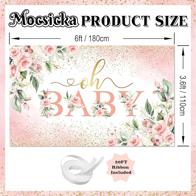Mocsicka Oh Baby Backdrop Banner Girl Baby Shower Background Pink Floral Oh Baby Baby Shower Party Decorations Photo Booth Props (Pink, 6x3.6ft)
