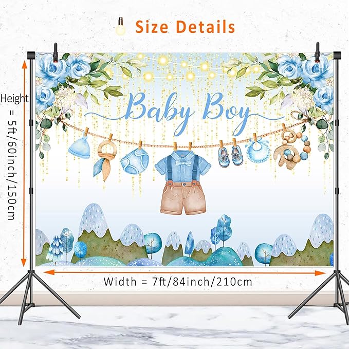Blue Floral Baby Shower Backdrop Banner Decorations for Boy,Watercolor Flower Oh Baby Boy Outfit Backdrops Banner Photography Background for Baby Shower Party Supplies Photo Booth Props 7x5ft