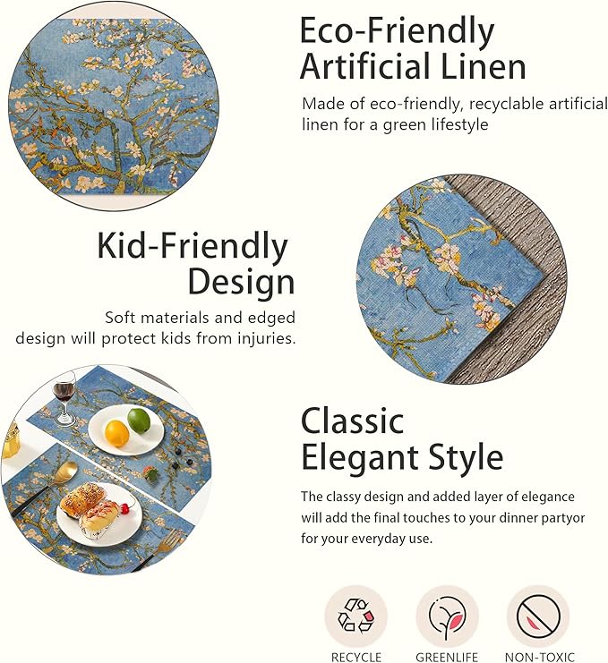 Blossoming Almond Tree Placemats Set of 6,White Flower Place Mats Heat Resistant Washable Non-Slip Table Mats for Party Kitchen Dining Decor 12x18 Inch
