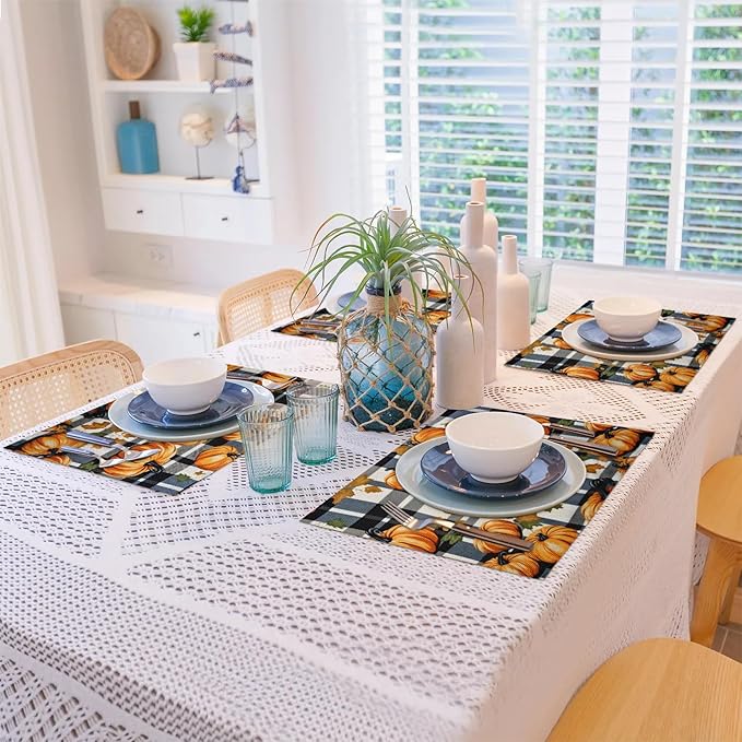 Halloween Pumpkin Placemats, Place Mats Set of 4, Heat Resistant Place Mats, Washable Table Mats for Dining Table, Non-Slip Stain Resistant Kitchen Table Placemats, Black Buffalo Plaid
