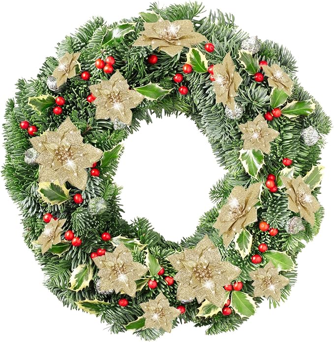 Boao 24 Pieces Glitter Poinsettia Artificial Christmas Flowers Poinsettia Decorations Wedding Christmas Tree Ornaments, 3/4/6 Inches (Gold)