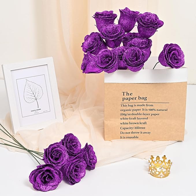 Waipfaru Glitter Roses Bouquet, DIY Fake Flowers Bouquet, Birthday Gifts for Women Mom, 36 Pcs Purple Rose for Wife Girlfriend Valentines, Mothers Day, Anniversary, Graduation