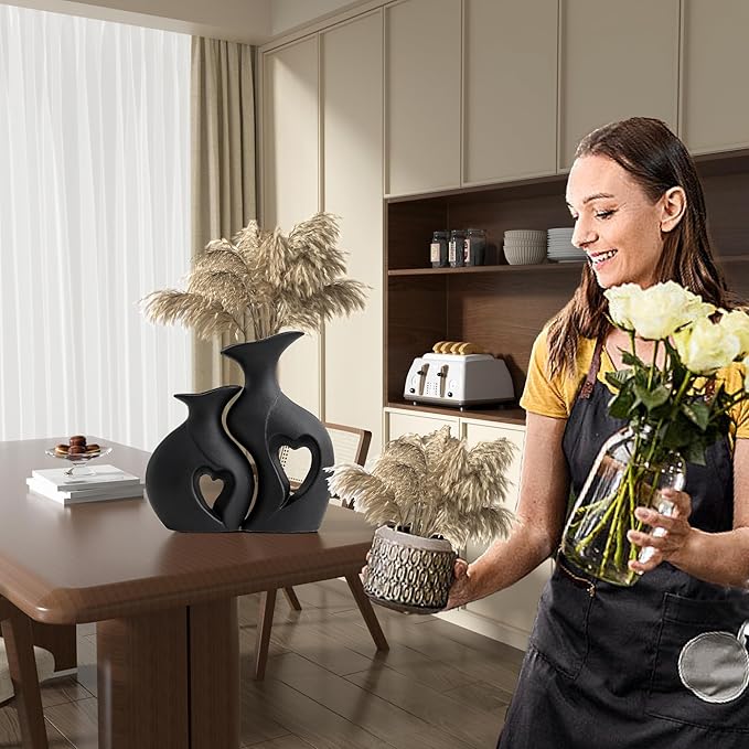 Black Ceramic Vase Set of 2,Filled with Love,Modern Minimalist Bohemian Vases Home Decor，Heart Shape Matte Ceramic Vases for Dinner Table Bookshelf Modern Home Console