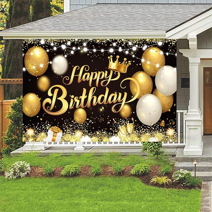 YinQin 180x120 cm Black Gold Happy Birthday Party Backdrops Cloth 71x47 in. Glitter Black Gold Happy Birthday Photography Backgrounds Banners Black Gold Happy Birthday Sign Decorations for Men Women