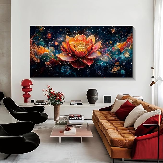 Iallbin Zen Stone Wall Art & Zen Wall Decor, Uminous Ornate Flower With Golden-Orange Petals -for Yoga Meditation Room, Spa & Bathroom, Golden Stamen Art Deco Style, Ready to Hang, 58x29 Inches