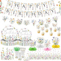 Wildflower Birthday Party Decorations for Girls Women, Banner Centerpieces Cupcake Toppers Tablecloth, Spring Floral Paper Plates Napkins Cups Forks Straws Supplies Serve 20