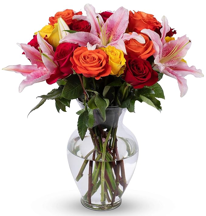 Benchmark Bouquets - Big Blooms Oriental Lilies & Roses (Glass Vase Included) - Fresh Flowers for Delivery - Gift for Graduation, Birthday, Anniversary, Sympathy, Get Well, Congratulations