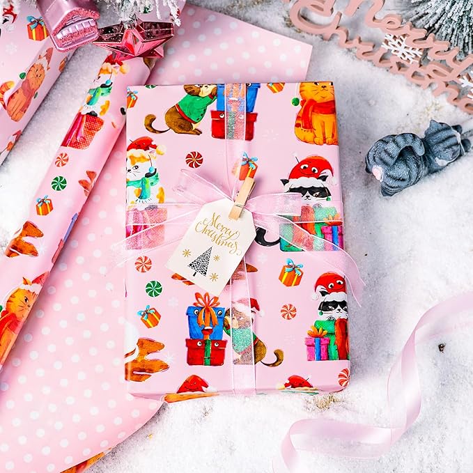MAYPLUSS Christmas Wrapping Paper Roll - 17 Inch X 33 Feet - Pink Cute Cat Christmas Hat Reversible Polka Dot Gift Wrapping Paper, Thick Wrap Paper for Holiday Party New Year Kids