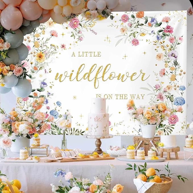 MEHOFOND 7x5ft Wildflower Baby Shower Decorations Banner A Little Wildflower is On The Way Baby Shower Backdrop Floral Theme Baby Girls' New Born Photoshoot Background