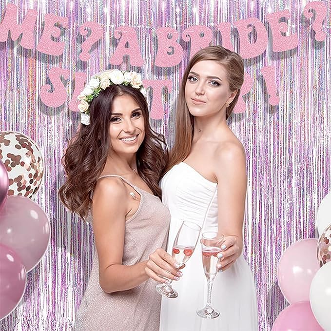 BRAVESHINE Pink Streamers Tinsel Foil Fringe Curtains - 2Pcs 3.2x8.2ft Metallic Party Backdrop for Christmas/New Year/Snowflake/Girl/Princess/Birthday/Bridal Shower/Bachelorette/Engagement Decorations