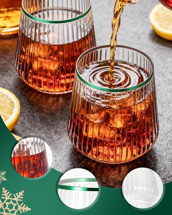 BESTSTAR 36 Pcs 12 oz Plastic Clear Green Rim Ribbed Wine Glasses, Origami Ripple Disposable Champagne Glasses Elegant Whiskey Glasses Ideal for Weddings, Bars, Christmas, Pool Party, Daily Use
