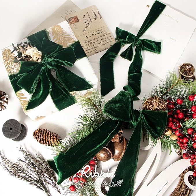 Ribbli Forest Green Velvet Ribbon 1.5 Inch Handmade Frayed Vintage Christmas Ribbon for Gift Wrapping Christmas Tree Ornament Wreath Craft Home Decor -3 Yards