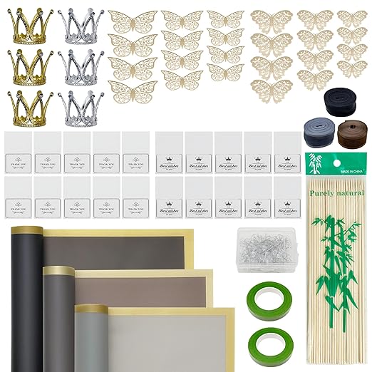Woohome Flower Wrapping Paper Bouquet Kit, 60 Sheet Flower Bouquet Wrapping with 3D Butterflies Wishes Cards Ribbons for Mother's Day Gifts Wedding Valentine Birthday DIY Craft - Black Gray Silver