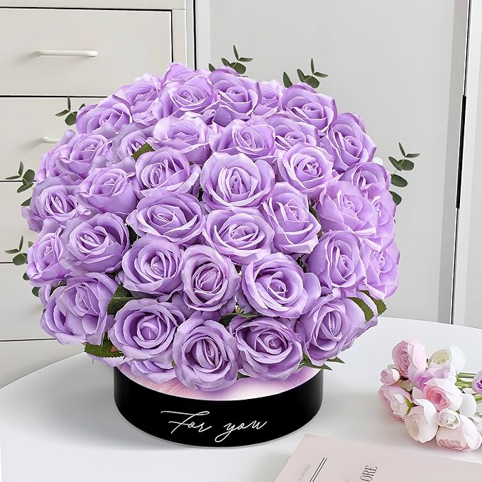 50PCS Artificial Roses with Long Stems - Realistic Silk Flowers, Fake Roses Real Touch Bouquet of Roses for Home Decor, Bridal Wedding Party Table Centerpieces, Bulk Faux Rose Flowers ( Purple )