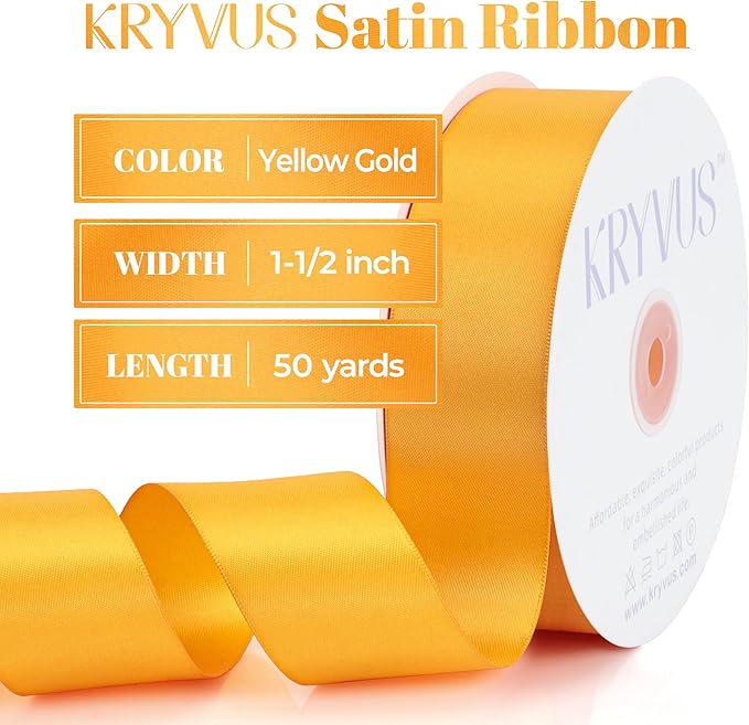 Double Faced Yellow Gold Satin Ribbon, 1-1/2 Inch X 50 Yards Polyester Ribbon for Gift Package Wrapping, Crafts, Bow Making, Sewing, Flower Bouquet, Wedding Party Decor