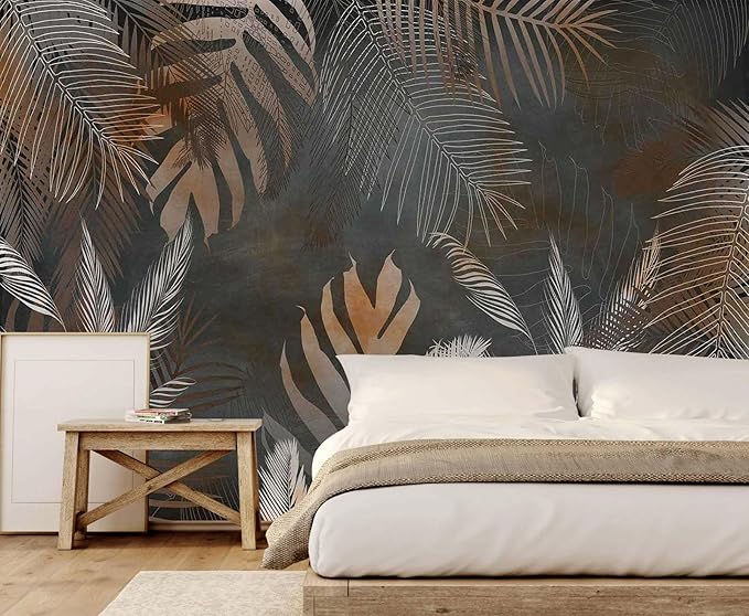 Tropical Leaf Wallpaper Mural Gray Botanical Leaves Floral Wall Mural for Bedroom Living Room (Not Self-Adhesive)