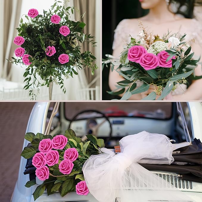 200Pcs Hot Pink Artificial Flowers Roses Real Looking Foam Fake Roses with Leaves and for DIY Wedding Bouquets Bridal Shower Centerpieces Party Decorations (Hot Pink, 200)