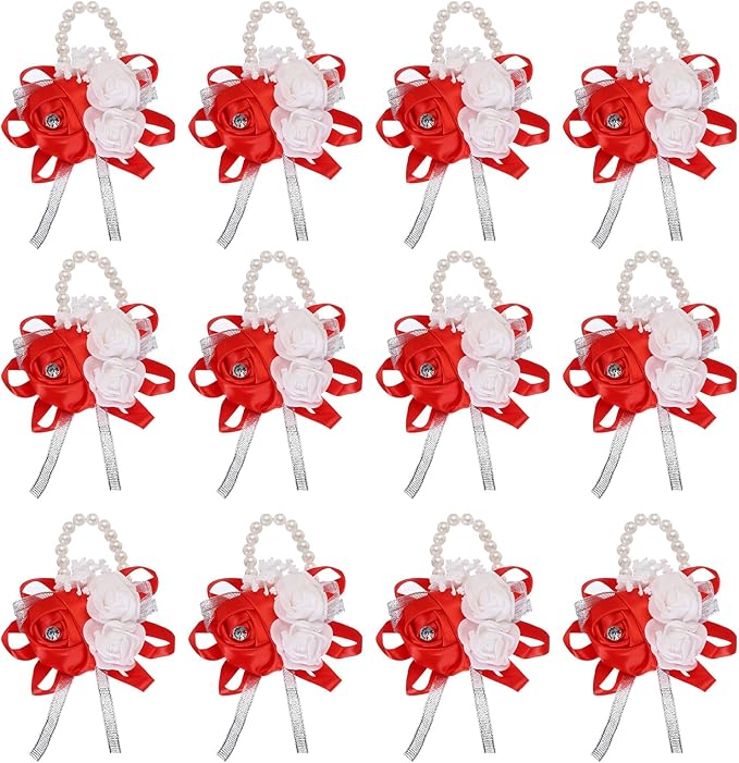 MECCANIXITY 12Pcs Wrist Corsage Artificial Flower Bracelets Rose Wrist Bride Groom Decorative for Wedding Ceremony Prom Party Anniversary Red