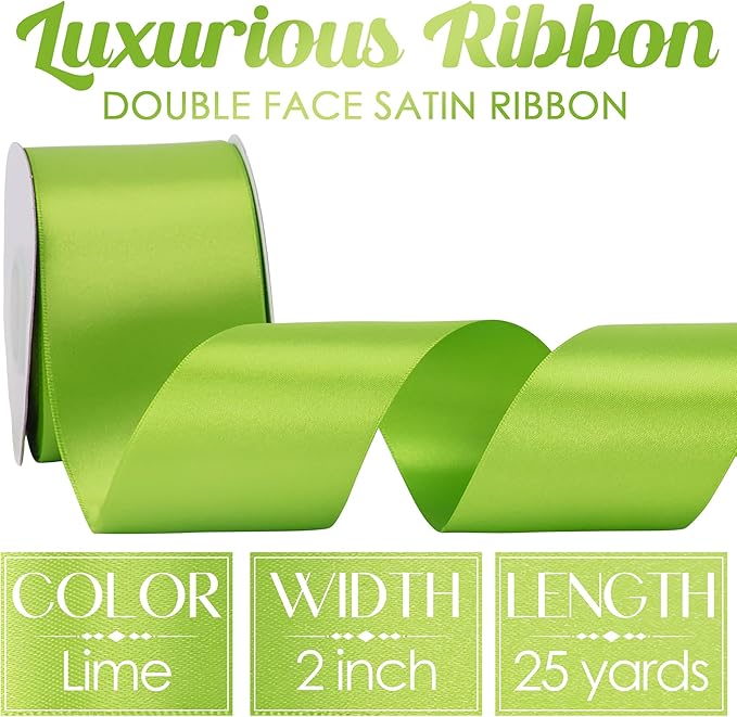 MEEDEE Lime Satin Ribbon 2 inch Lime Ribbon Double Faced Satin Ribbon by 25 Yards Lime Green Ribbon for Christmas Tree, Wreaths, Crafts, Satin Weddings, Flower Bouquet, Holiday Decorating
