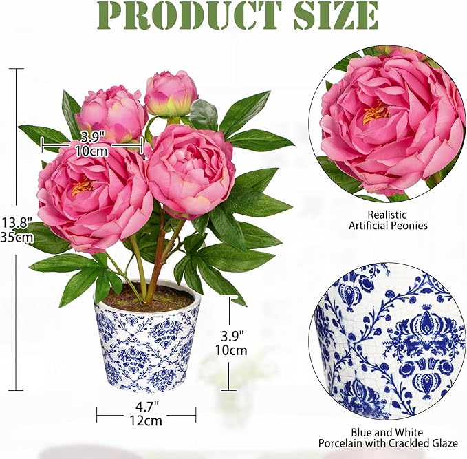 Briful Faux Peony Flowers in Blue and White Ceramic Pot – 13.8" Realistic Silk Peonies Artificial Peony Floral Arrangement Fake Potted Peony Flowers for Home Office Room Desk Shelf Decoration(Pink)