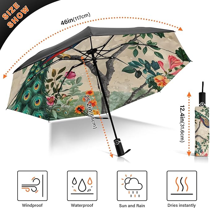 Automatic Folding Umbrella Windproof Strong, UV Protection Compact Floral Hydrangea Hummingbird Sun Rain Sun Rain Travel Umbrellas for Women Men