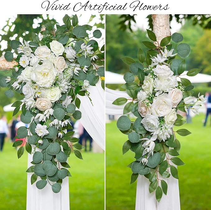 Ponatia Artificial Wedding Arch Flowers Kit (Pack of 3) With 26Ft Shiny Arch Draping Fabric, Arches for Ceremony, Decorations for Reception (White)