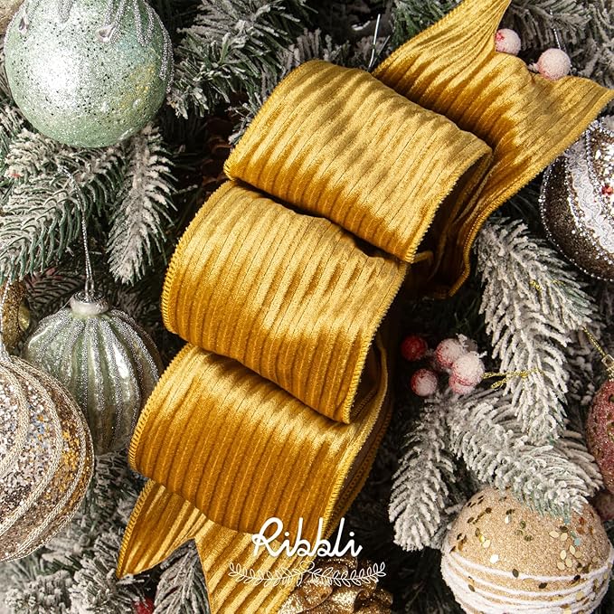 Ribbli Glossy Gold Velvet Wired Ribbon 4 Inch Striped Velvet Christmas Ribbon for Gift Wrapping Christmas Tree Decoration Crafts Wreaths Supplies-Continuous 10 Yards
