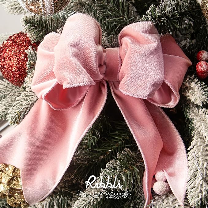 Ribbli Light Pink Velvet Wired Ribbon 4 Inch Velvet with Satin Christmas Ribbon for Gift Wrapping Christmas Tree Decoration Crafts Wreaths Supplies-Continuous 10 Yards