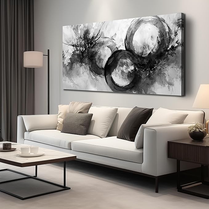 JuhaiArt White Wall Decor Art for Living Room Office Abstract Canvas Wall Art Black Circle Picture Art 29" x 59" Large Modern Poster Artwork