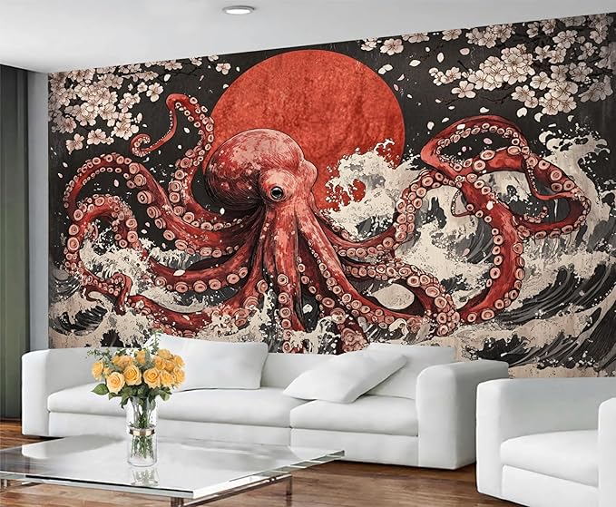 Japanese Wave Octopus Wall Mural, Japanese Traditional 3D Wall Murals, Ocean and Octopus Wallpaper Mural, for Living Room Bedroom Large Wallpaper Indoor Decor 197" W x124.8 H